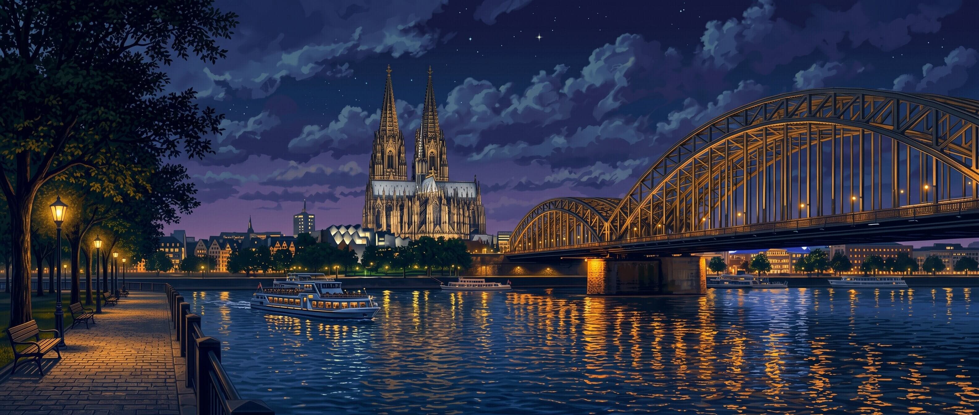 Illustration of the Cologne skyline at night, with the cathedral over the Rhine