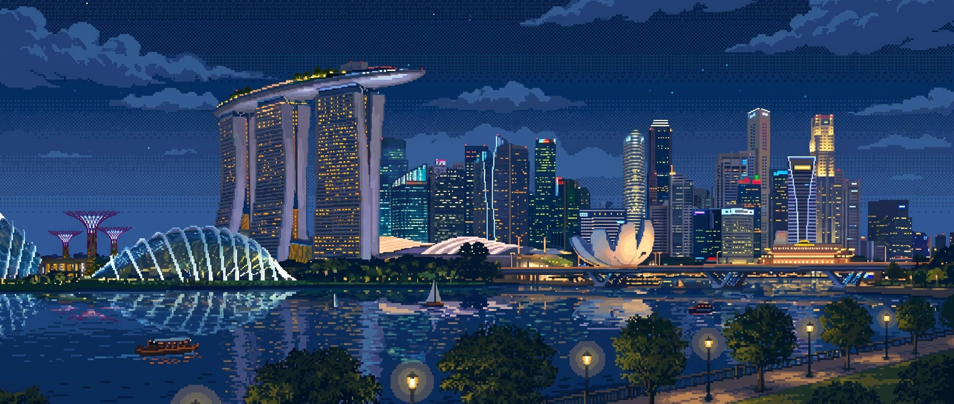 Illustration of the Singapore skyline at night, lit up across Marina Bay