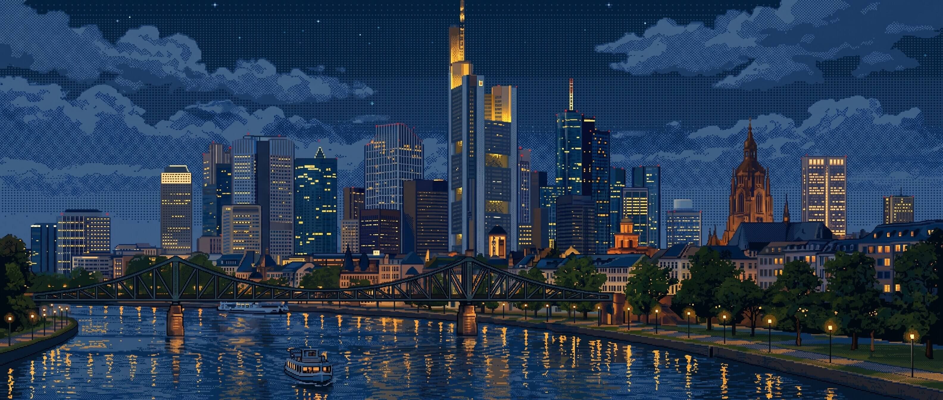 Illustration of the Frankfurt skyline at night, towers lit against the water