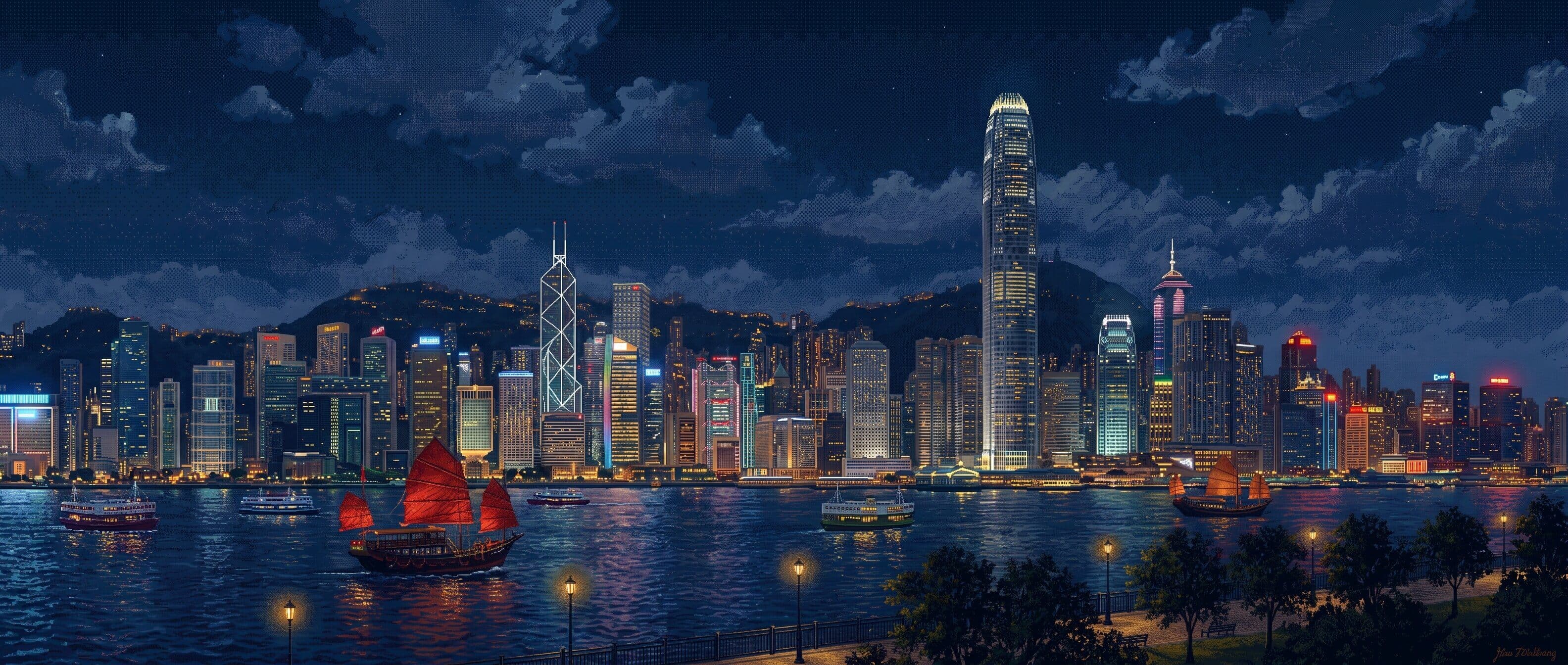 Illustration of the Hong Kong skyline at night, packed with lit towers
