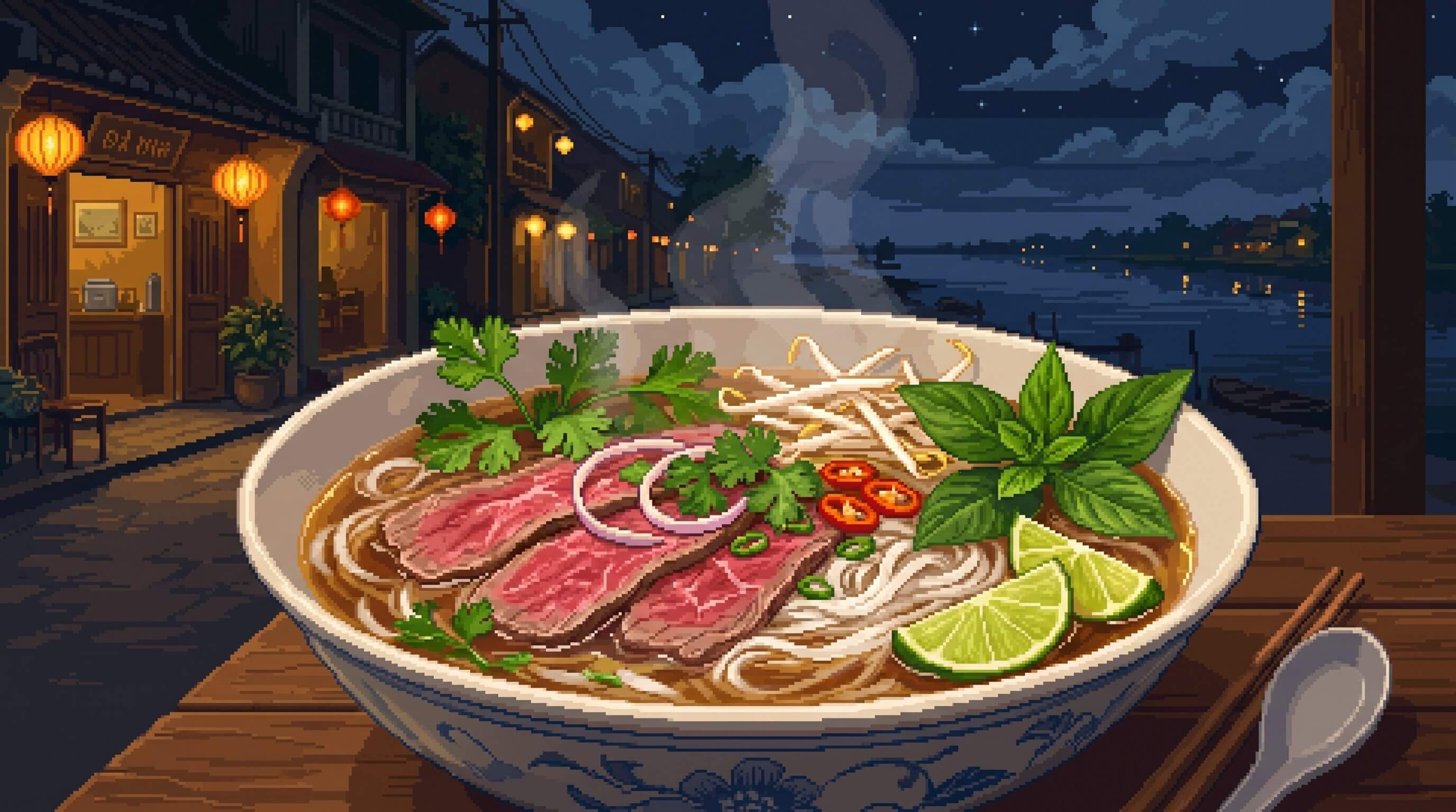 Pixel art of a steaming bowl of pho on a wooden table at night, with lantern-lit shophouses on one side and a river on the other